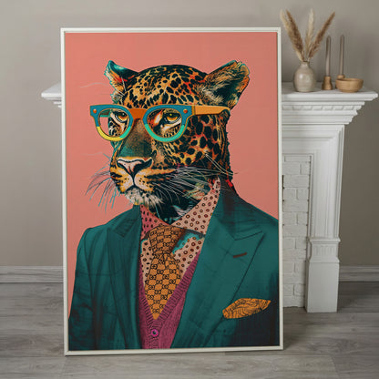 Leopard in Suit Retro Portrait Canvas in white floating frame