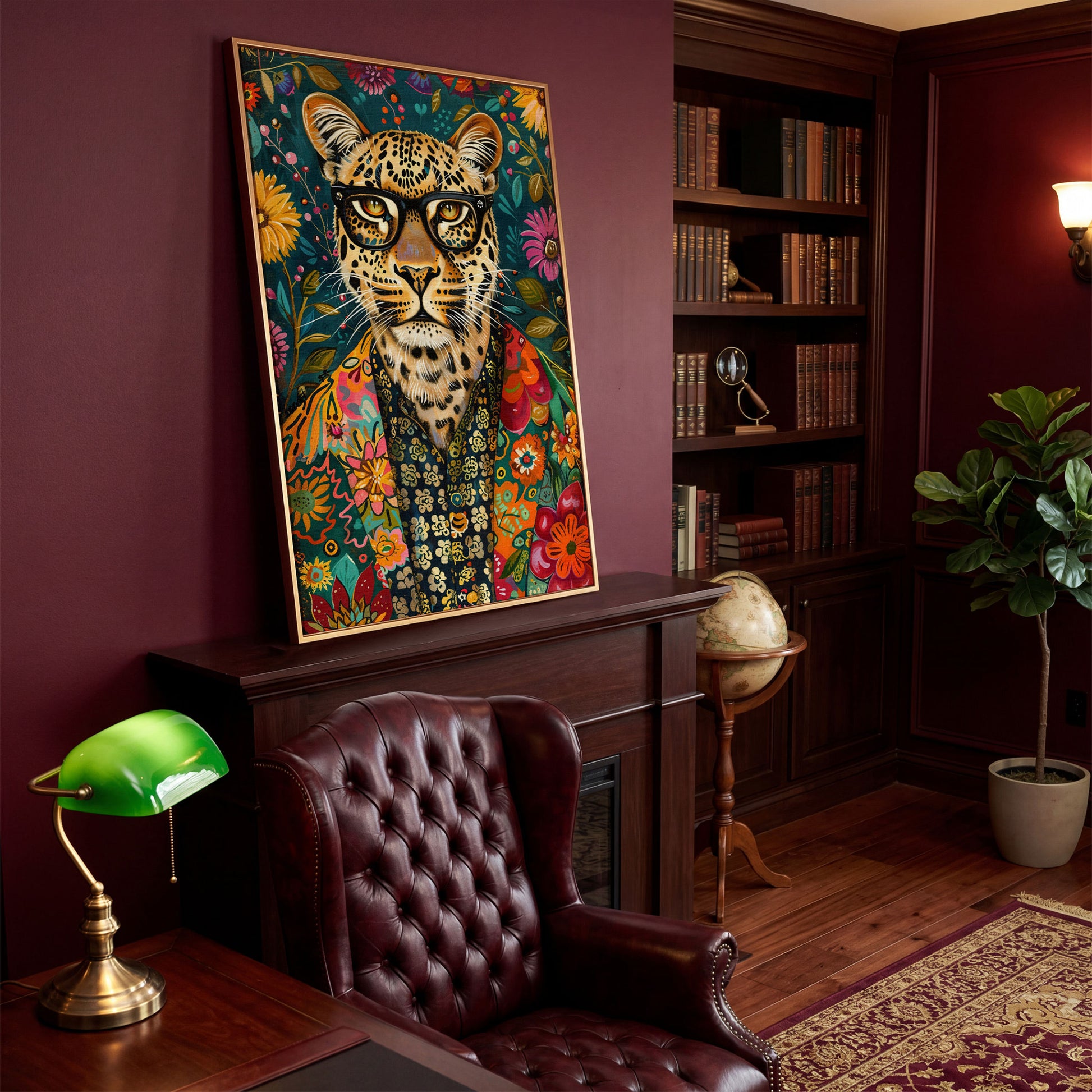 Floral Leopard Portrait Canvas Print in antique gold floating frame