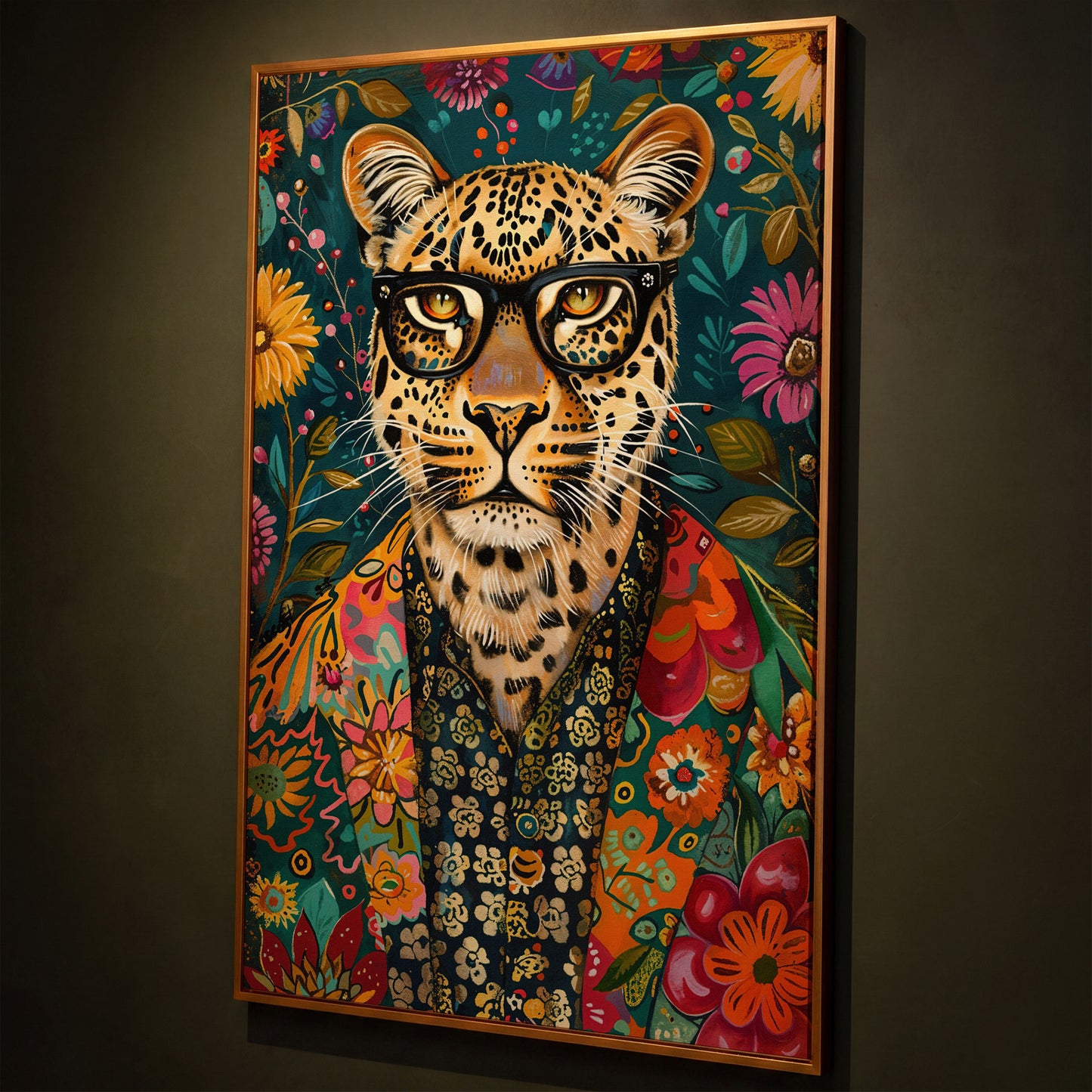 Floral Leopard Portrait Canvas Print shown in antique gold floating frame