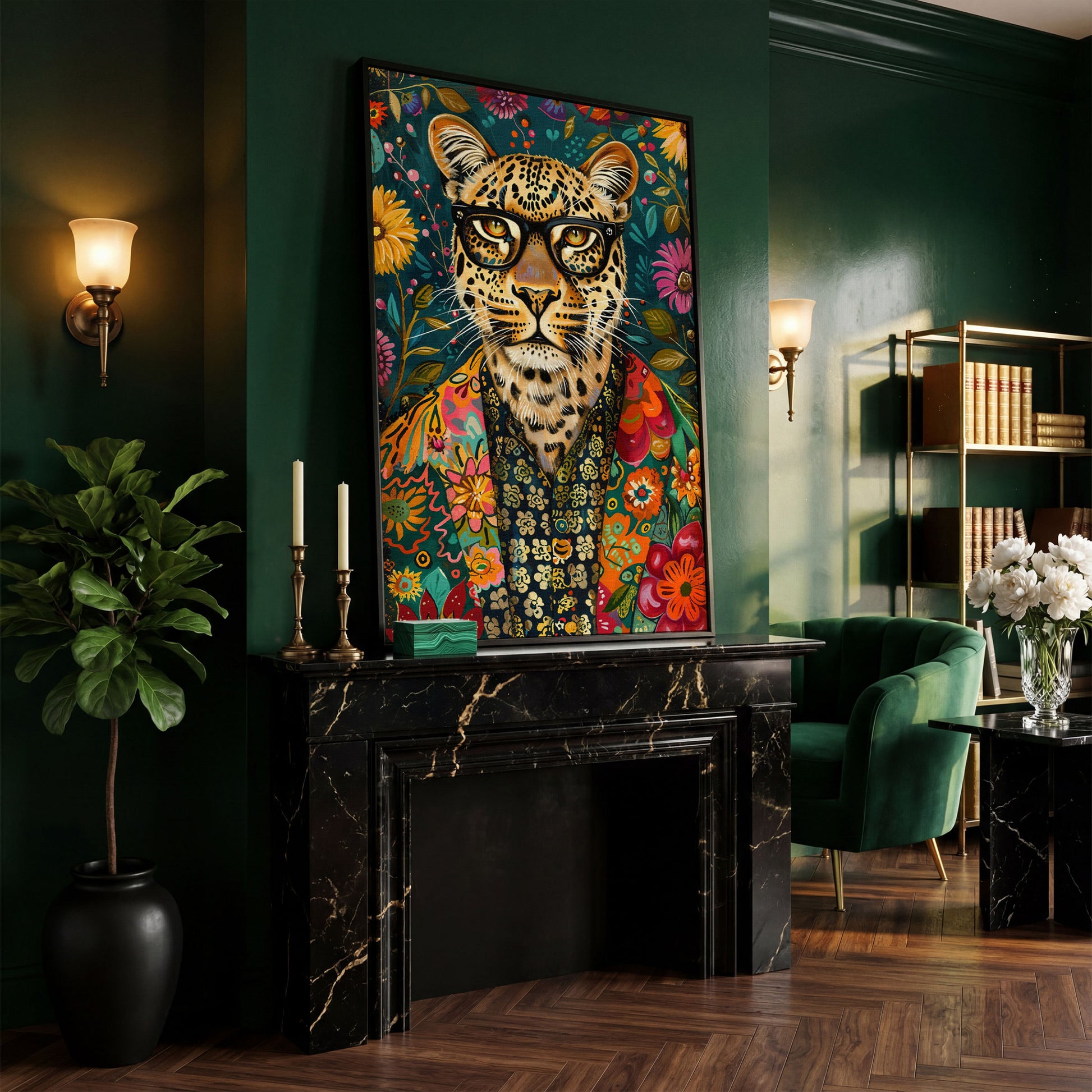 Floral Leopard Portrait Canvas Print in black floating frame