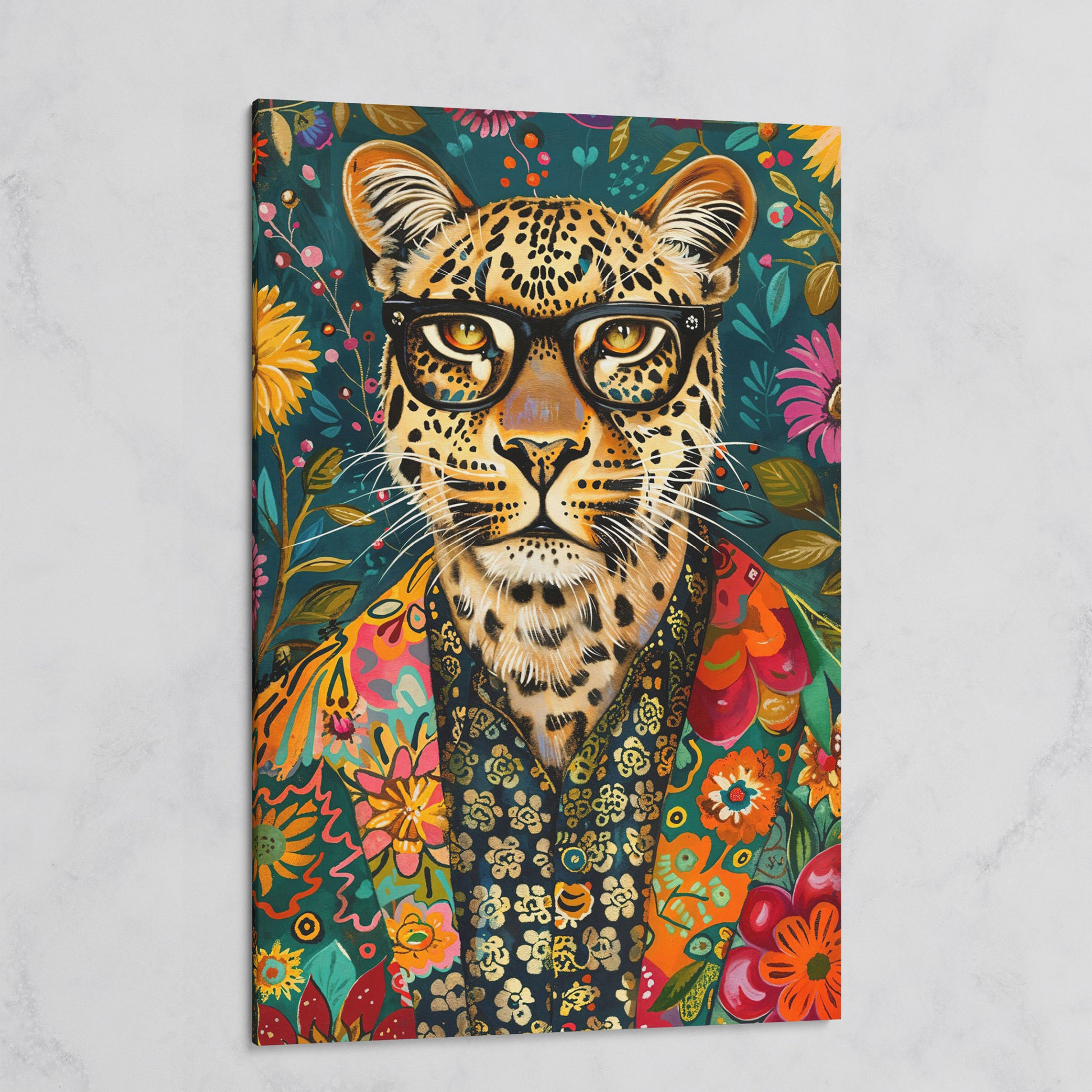 Floral Leopard Portrait Canvas Print on gallery wrap