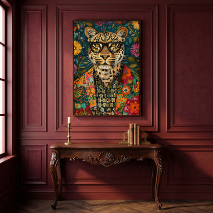 Floral Leopard Portrait Canvas Print in dark walnut floating frame