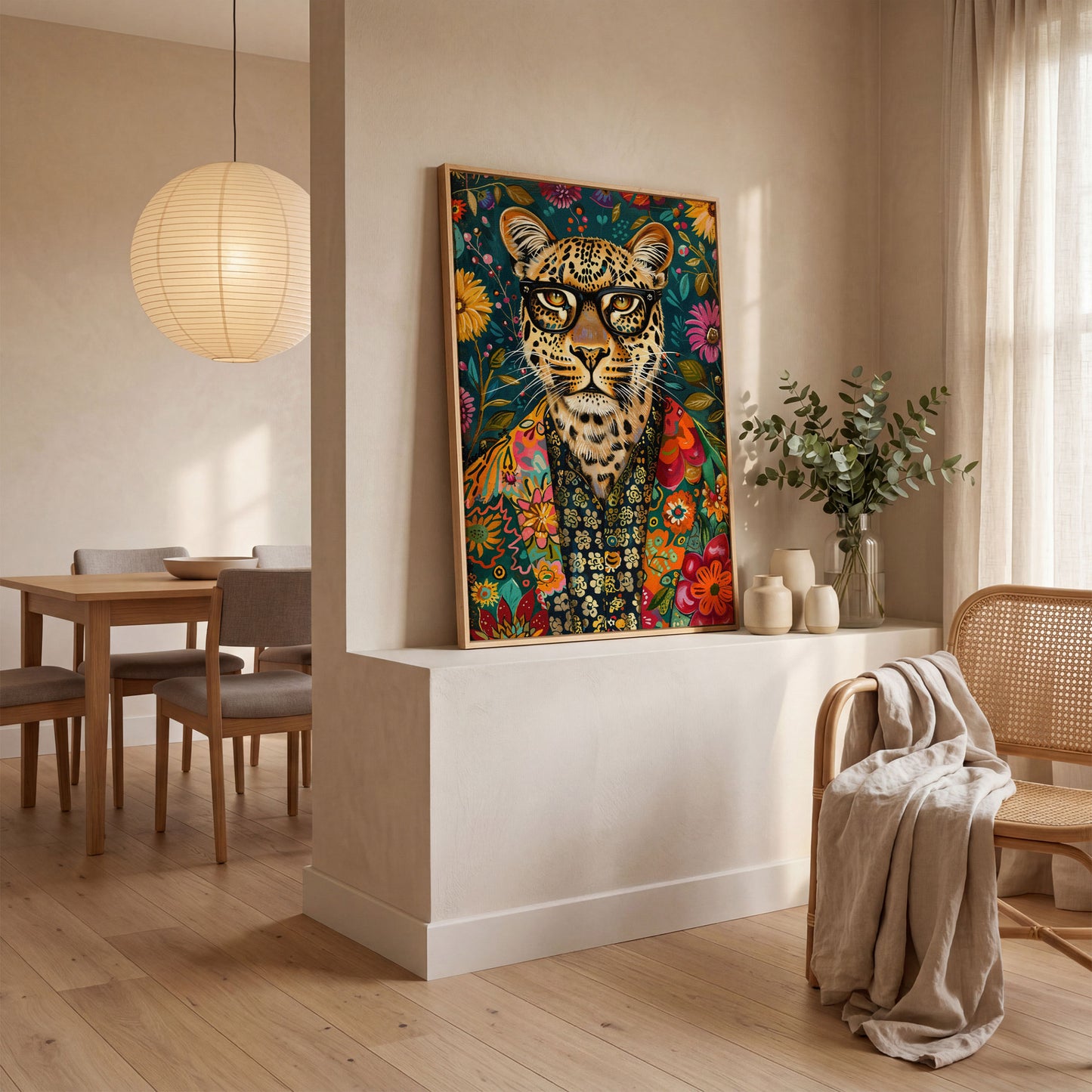 Floral Leopard Portrait Canvas Print in white oak floating frame