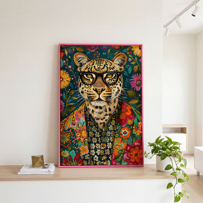 Floral Leopard Portrait Canvas Print in pink floating frame