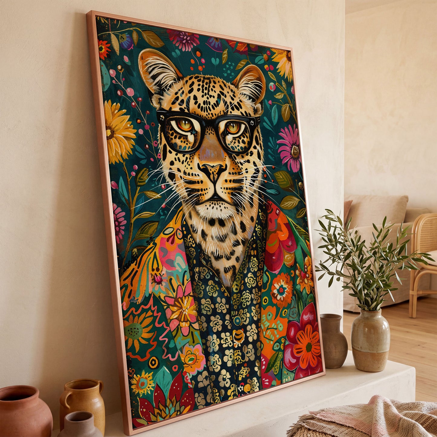Floral Leopard Portrait Canvas Print in rose gold floating frame