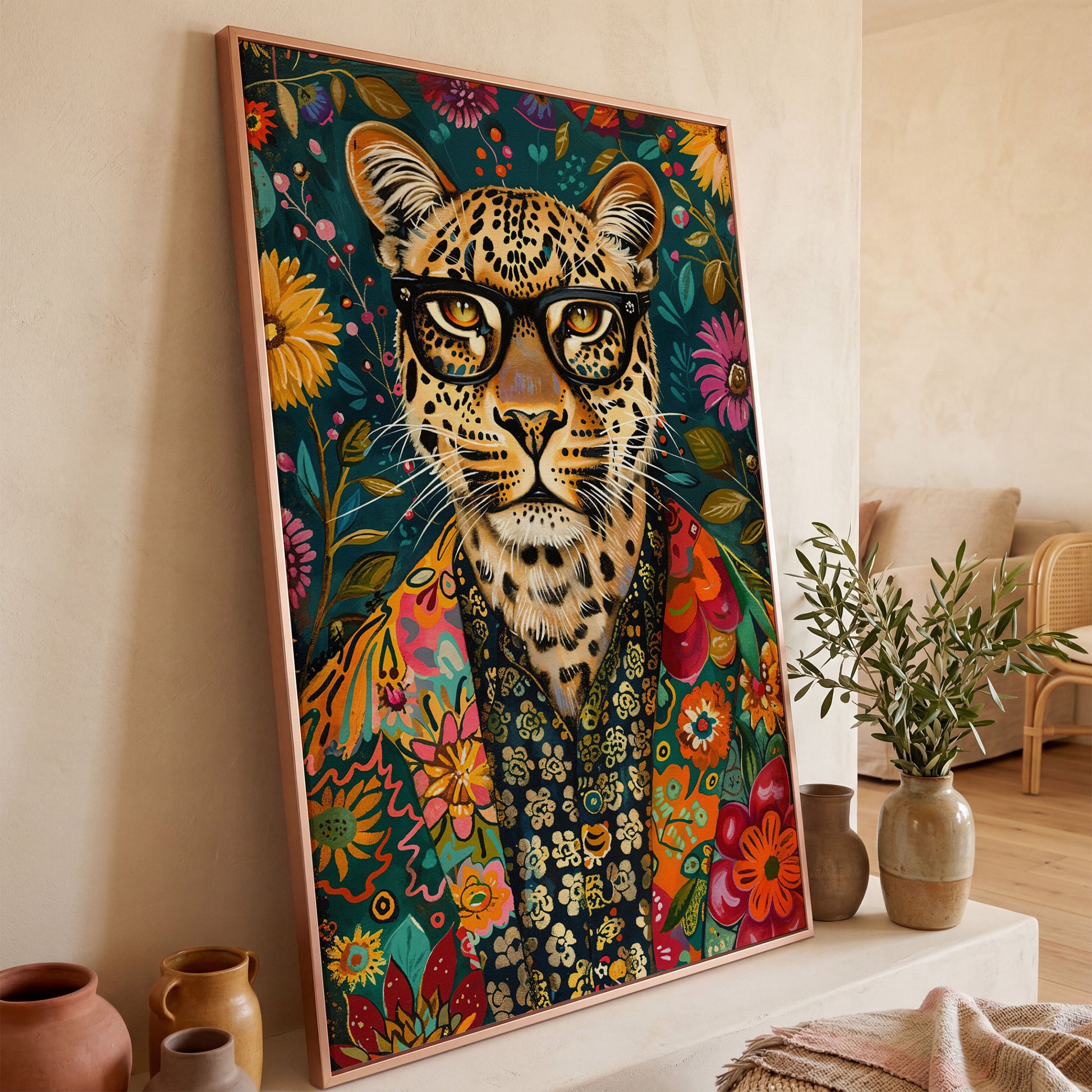 Floral Leopard Portrait Canvas Print in rose gold floating frame