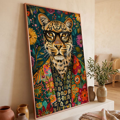 Floral Leopard Portrait Canvas Print in rose gold floating frame