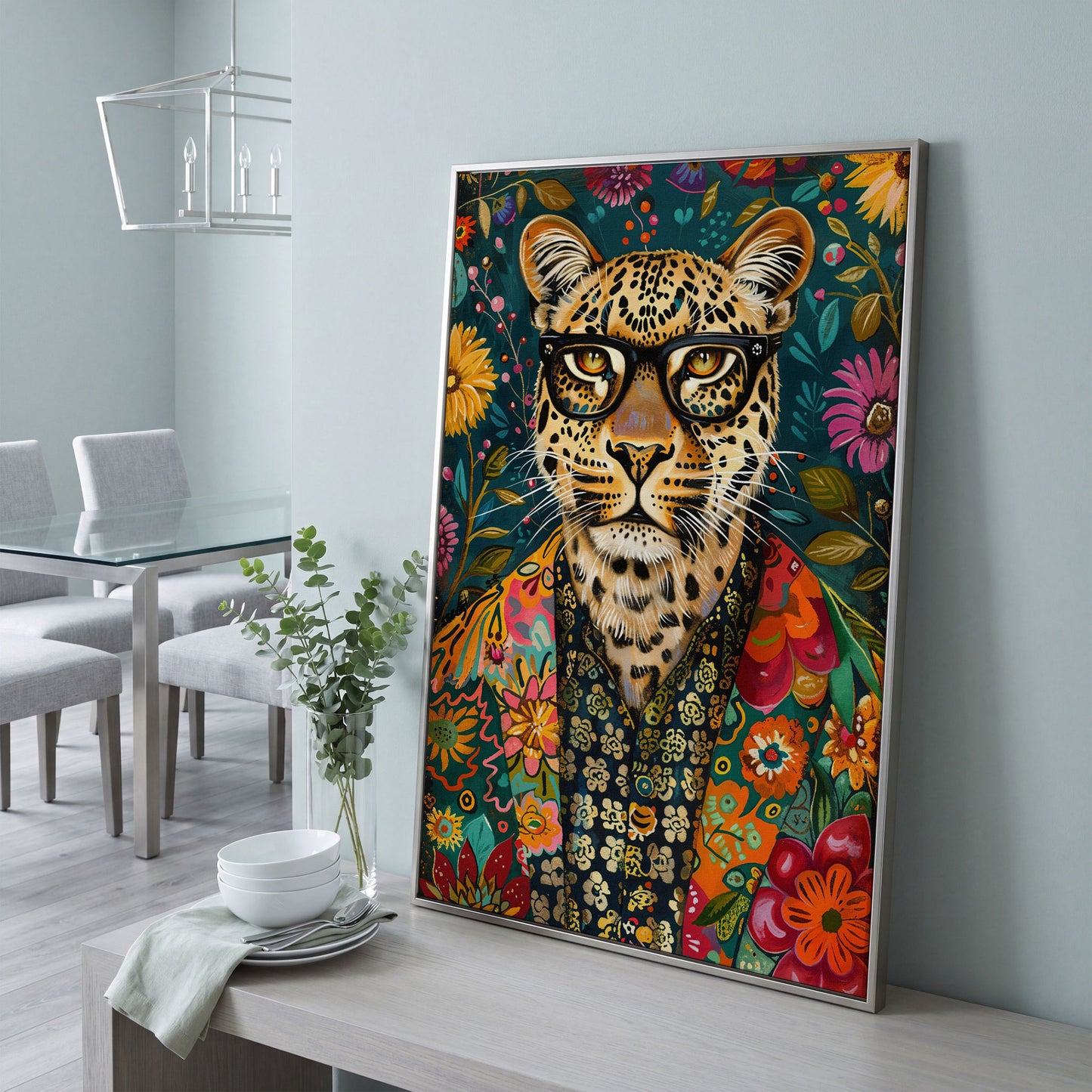 Floral Leopard Portrait Canvas Print in silver floating frame