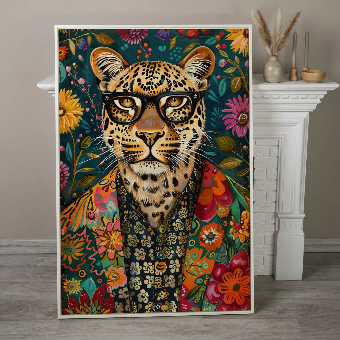 Floral Leopard Portrait Canvas Print in white floating frame