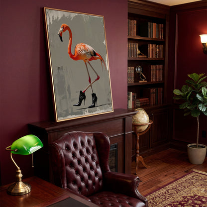 Stylish Flamingo in Boots Canvas Print in antique gold floating frame