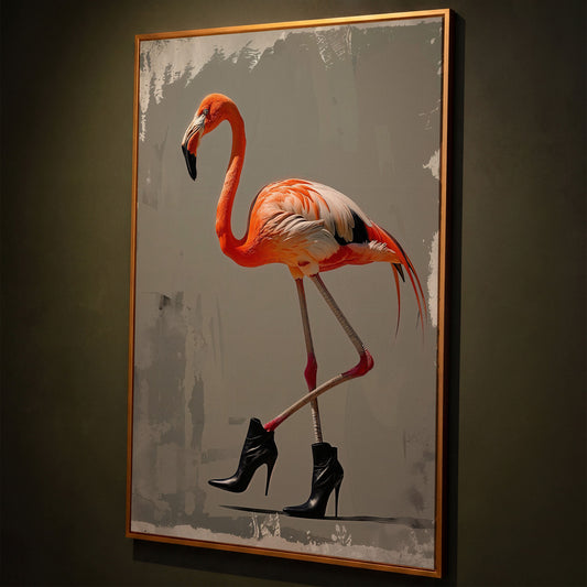 Stylish Flamingo in Boots Canvas Print shown in antique gold floating frame