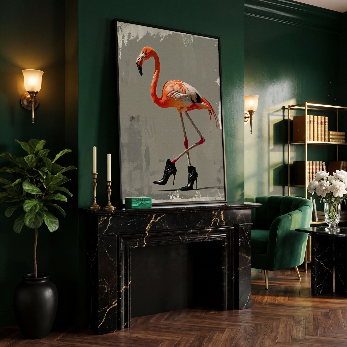 Stylish Flamingo in Boots Canvas Print in black floating frame