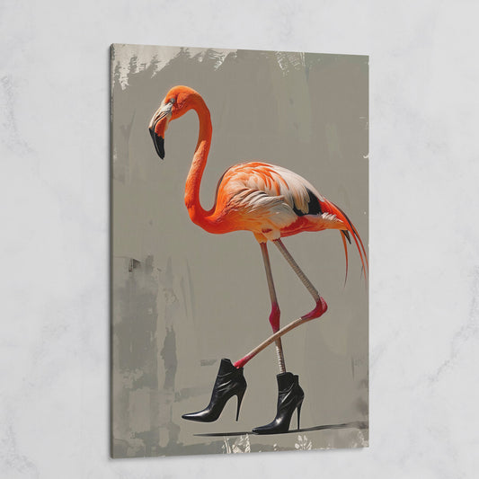 Stylish Flamingo in Boots Canvas Print on gallery wrap