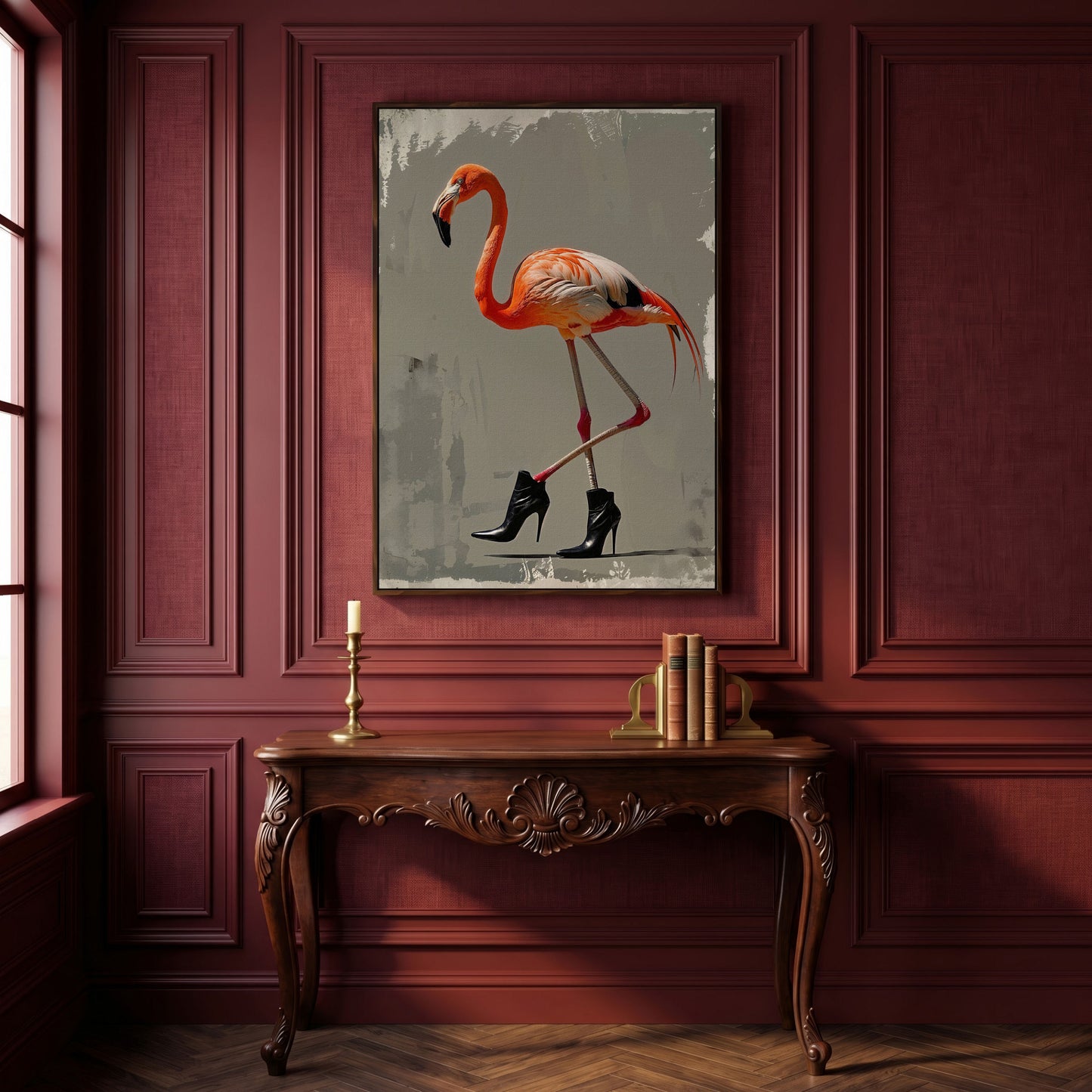 Stylish Flamingo in Boots Canvas Print in dark walnut floating frame