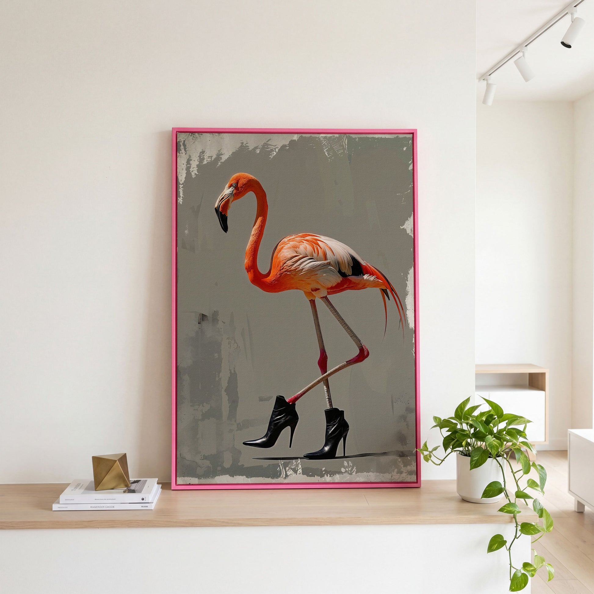 Stylish Flamingo in Boots Canvas Print in pink floating frame