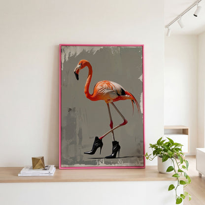 Stylish Flamingo in Boots Canvas Print in pink floating frame