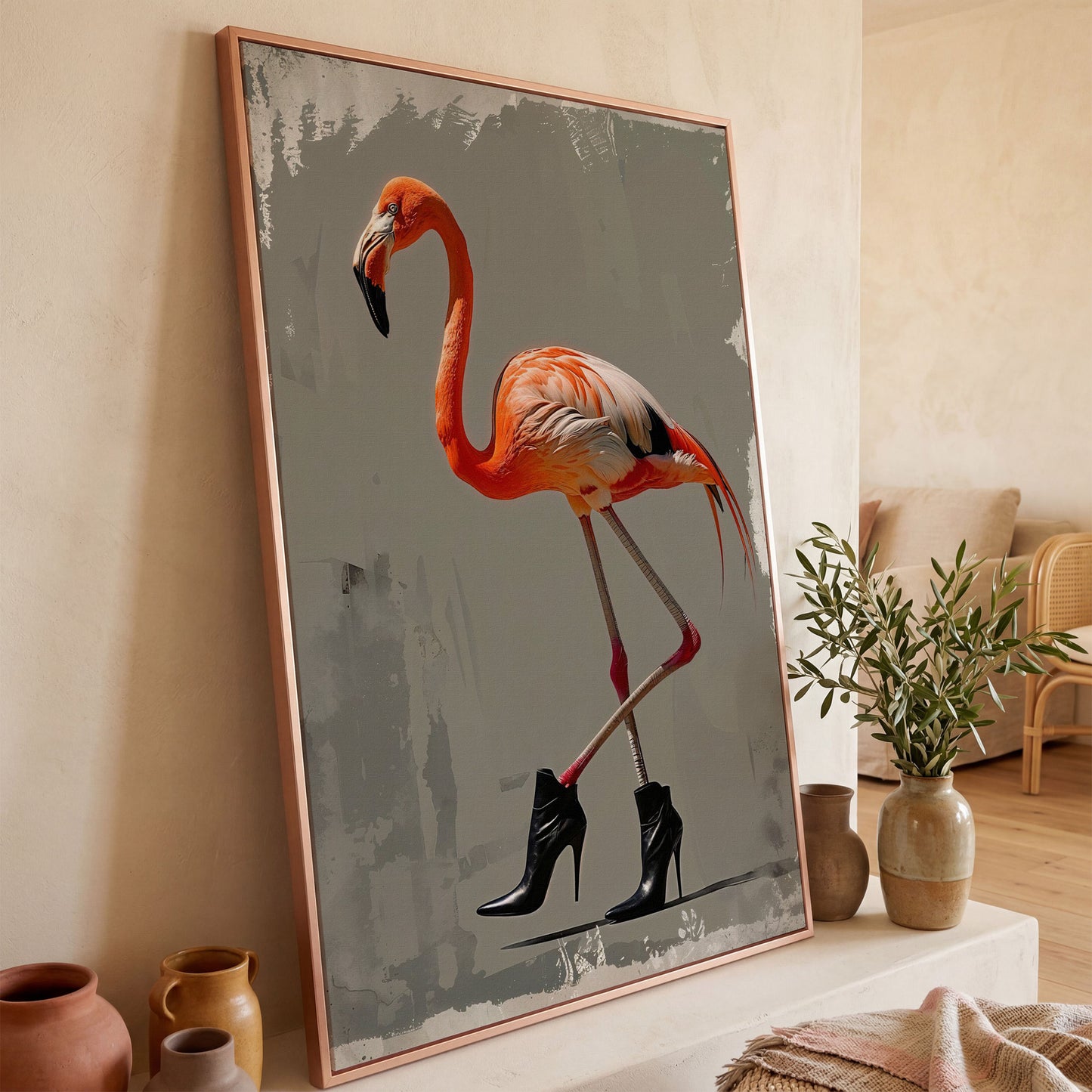 Stylish Flamingo in Boots Canvas Print in rose gold floating frame