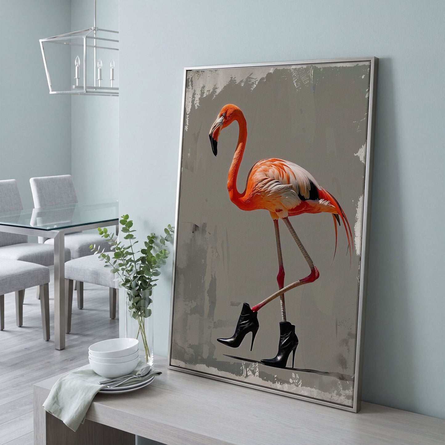 Stylish Flamingo in Boots Canvas Print in silver floating frame