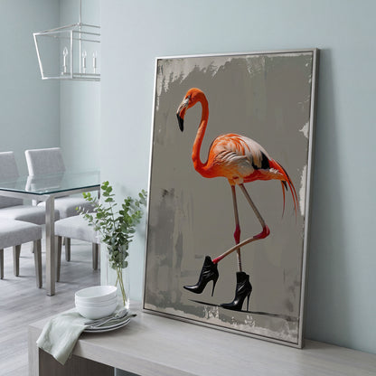 Stylish Flamingo in Boots Canvas Print in silver floating frame