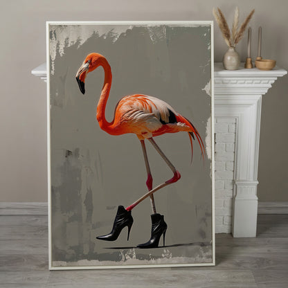 Stylish Flamingo in Boots Canvas Print in white floating frame