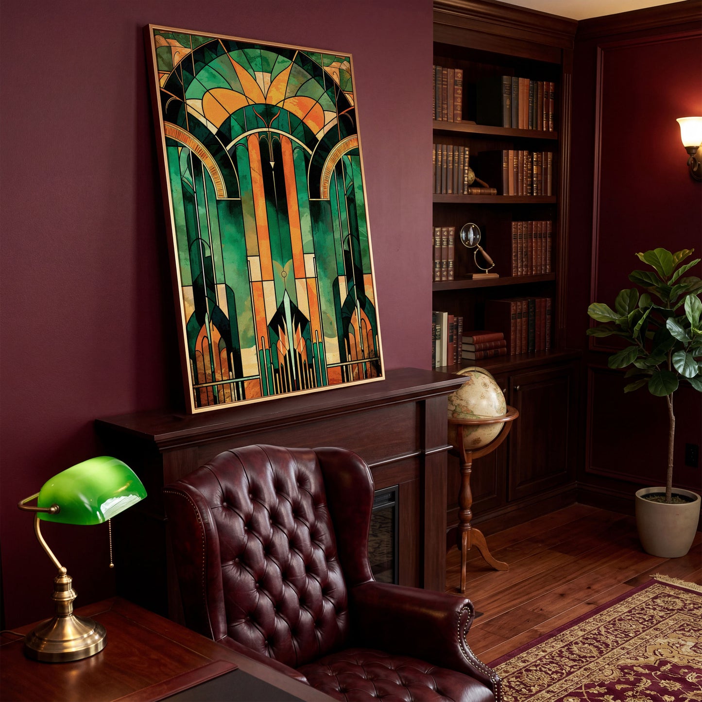 Art Deco Canvas with Emerald and Gold Geometry in antique gold floating frame