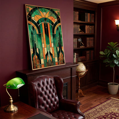 Art Deco Canvas with Emerald and Gold Geometry in antique gold floating frame