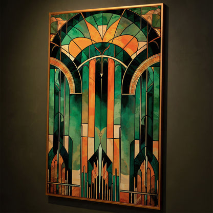 Art Deco Canvas with Emerald and Gold Geometry shown in antique gold floating frame