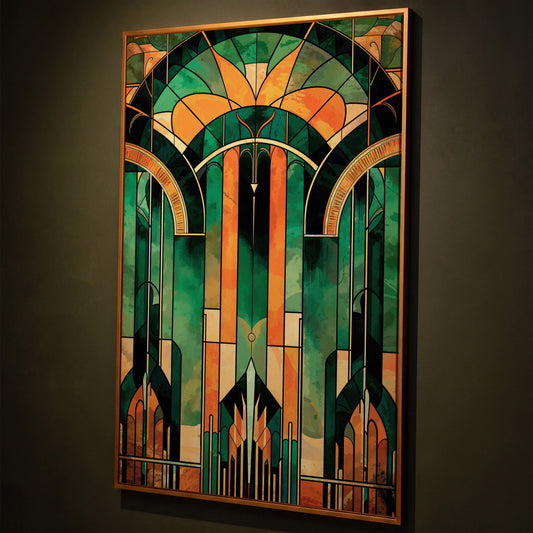 Art Deco Canvas with Emerald and Gold Geometry shown in antique gold floating frame