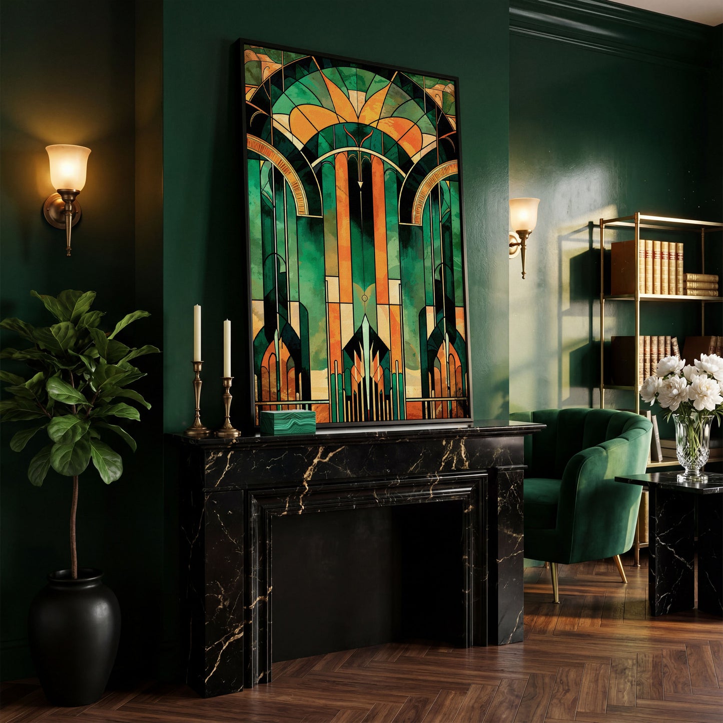 Art Deco Canvas with Emerald and Gold Geometry in black floating frame