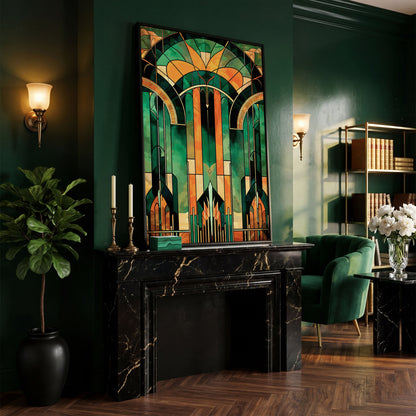 Art Deco Canvas with Emerald and Gold Geometry in black floating frame