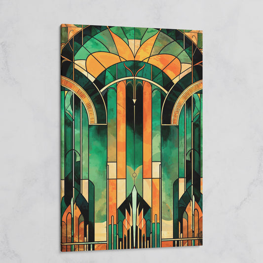 Art Deco Canvas with Emerald and Gold Geometry on gallery wrap