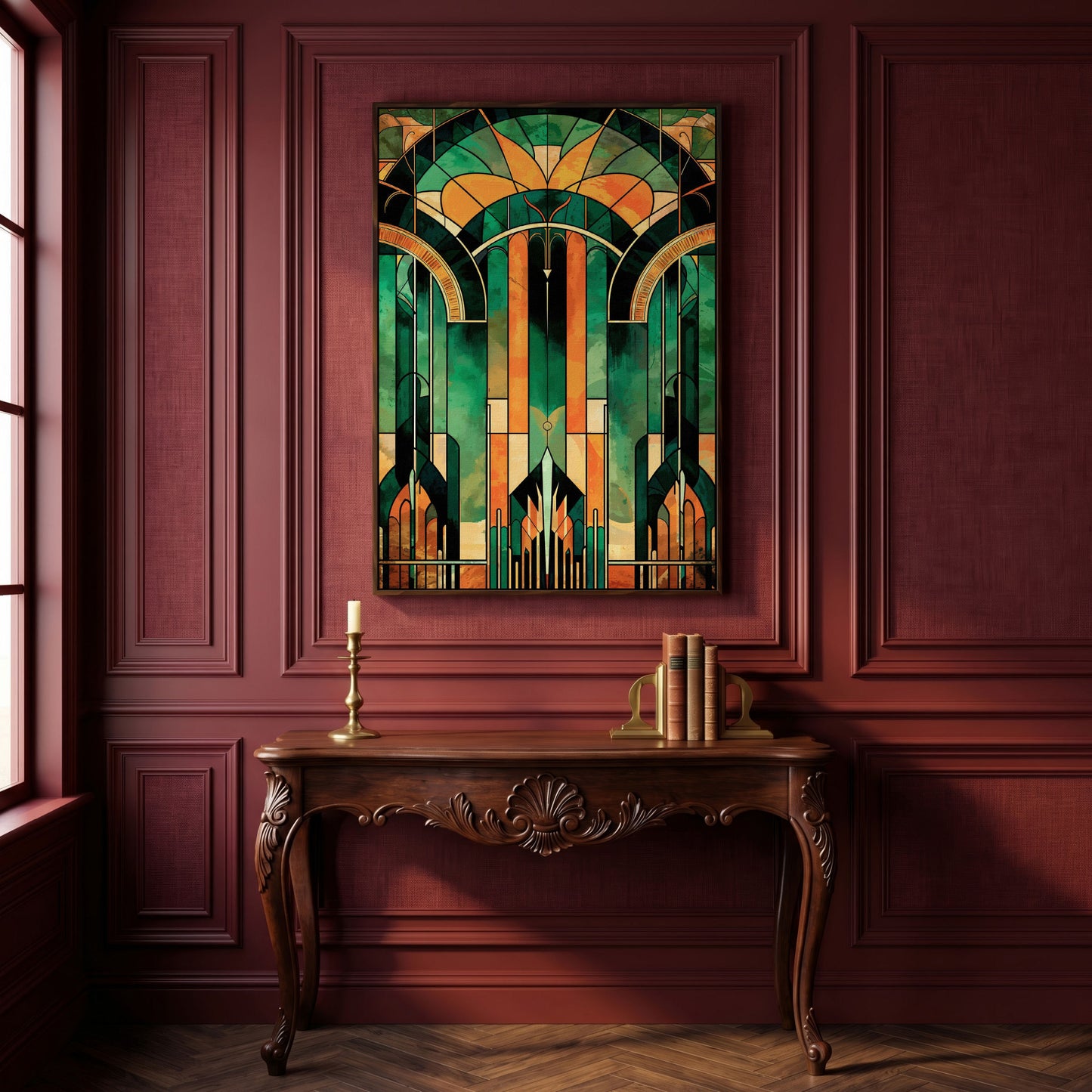 Art Deco Canvas with Emerald and Gold Geometry in dark walnut floating frame