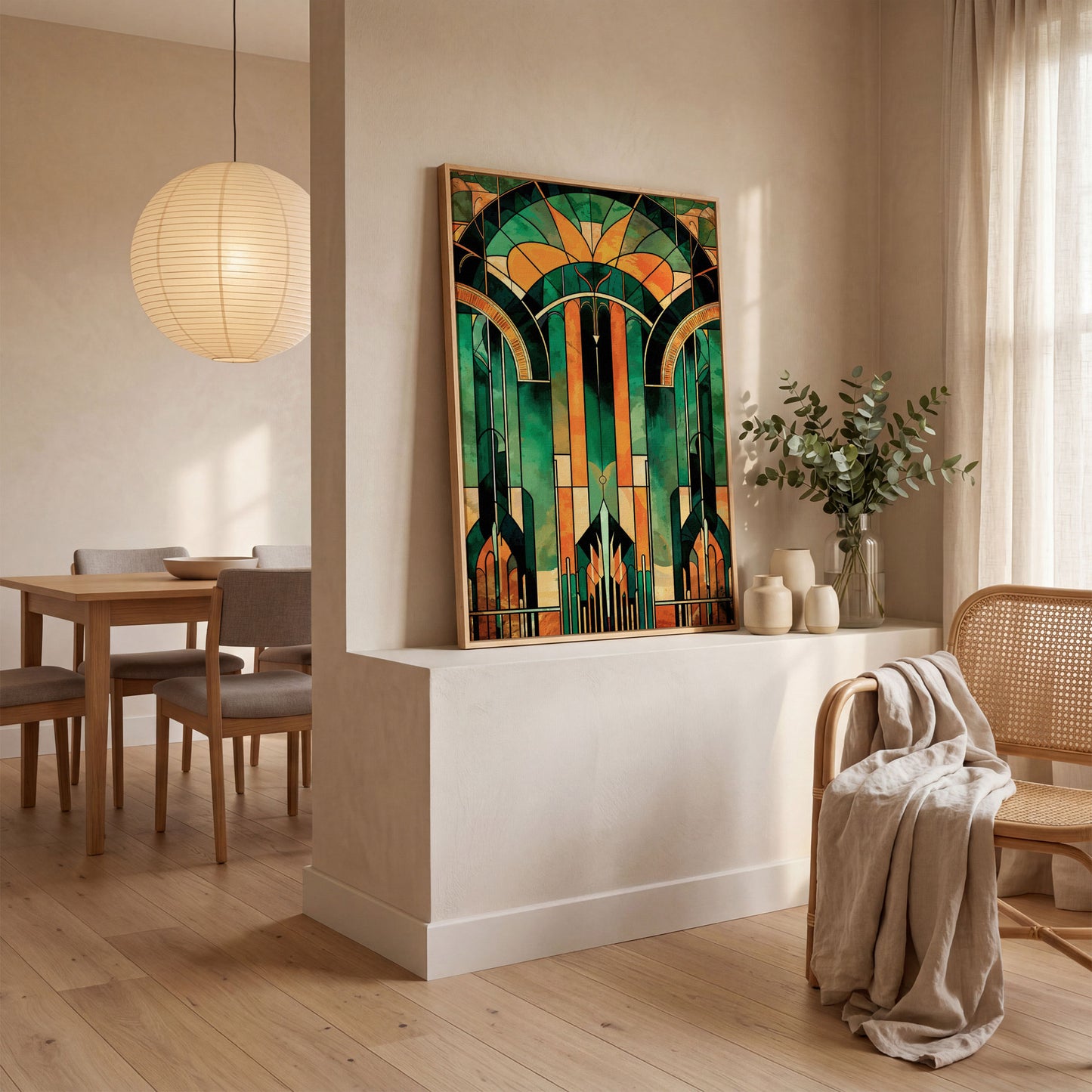 Art Deco Canvas with Emerald and Gold Geometry in white oak floating frame