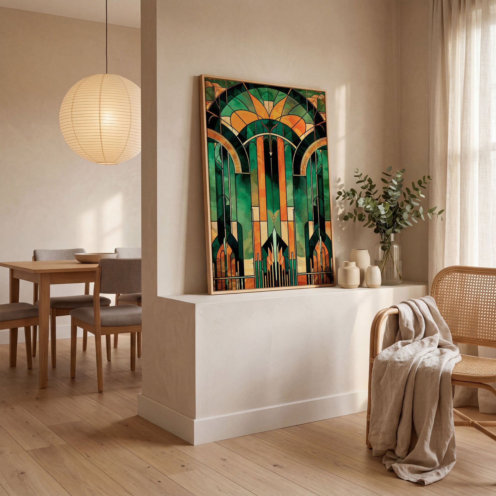 Art Deco Canvas with Emerald and Gold Geometry in white oak floating frame