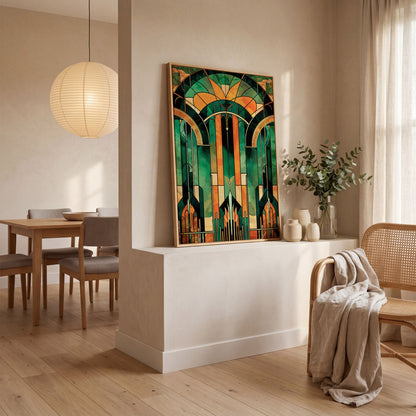 Art Deco Canvas with Emerald and Gold Geometry in white oak floating frame