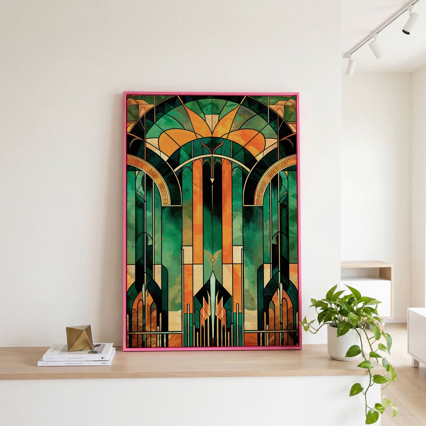 Art Deco Canvas with Emerald and Gold Geometry in pink floating frame