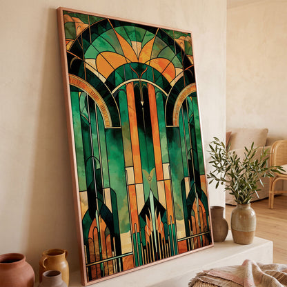 Art Deco Canvas with Emerald and Gold Geometry in rose gold floating frame