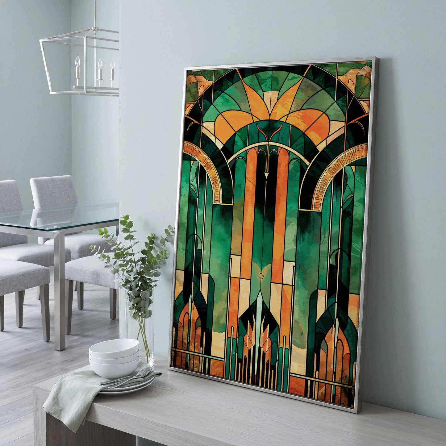 Art Deco Canvas with Emerald and Gold Geometry in silver floating frame