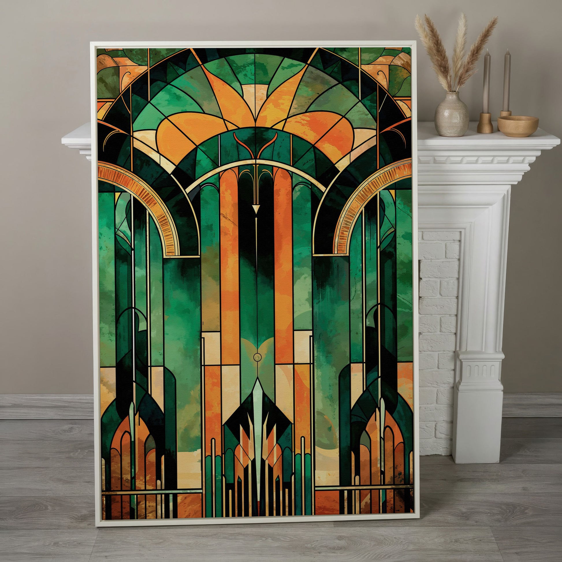Art Deco Canvas with Emerald and Gold Geometry in white floating frame