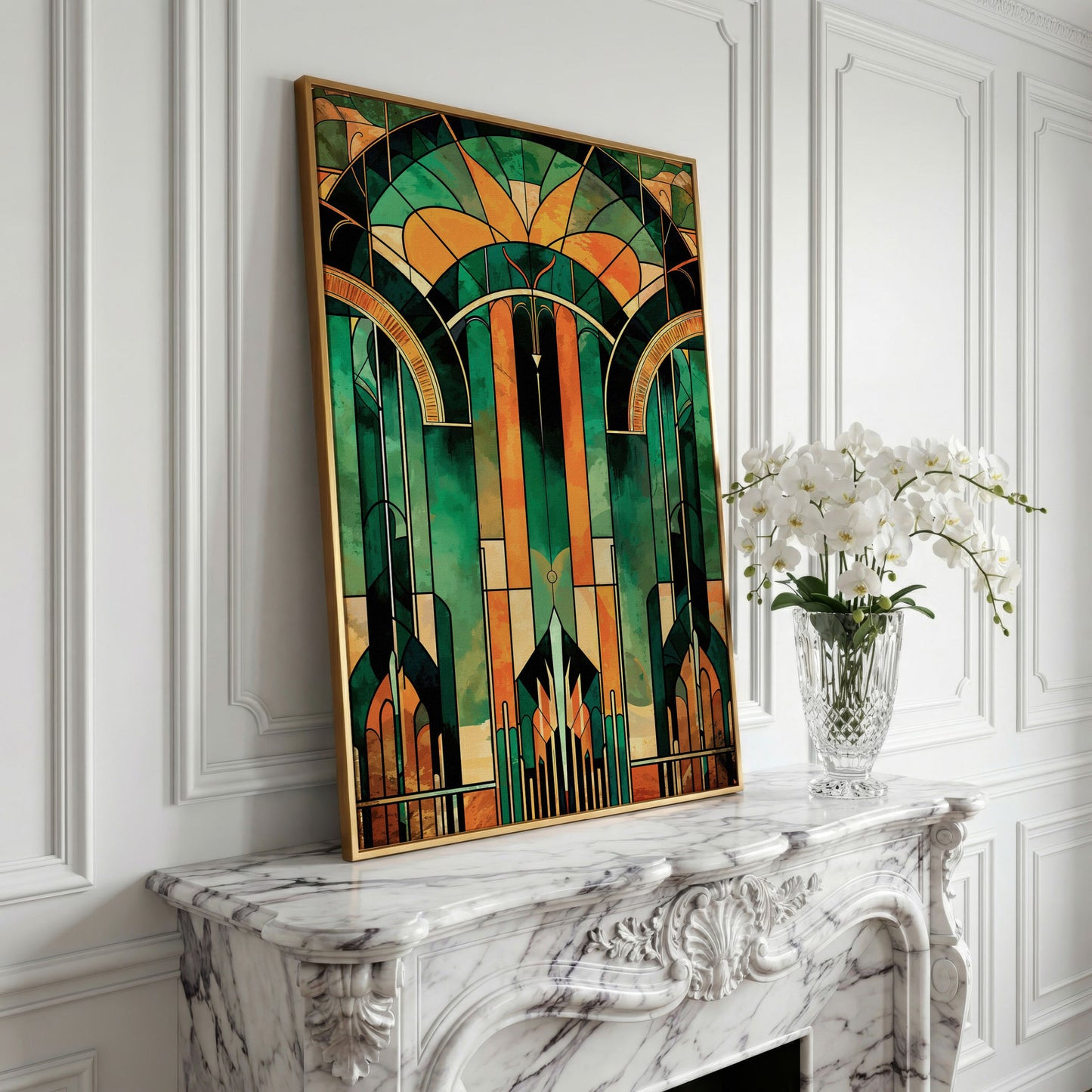 Art Deco Canvas with Emerald and Gold Geometry in yellow gold floating frame
