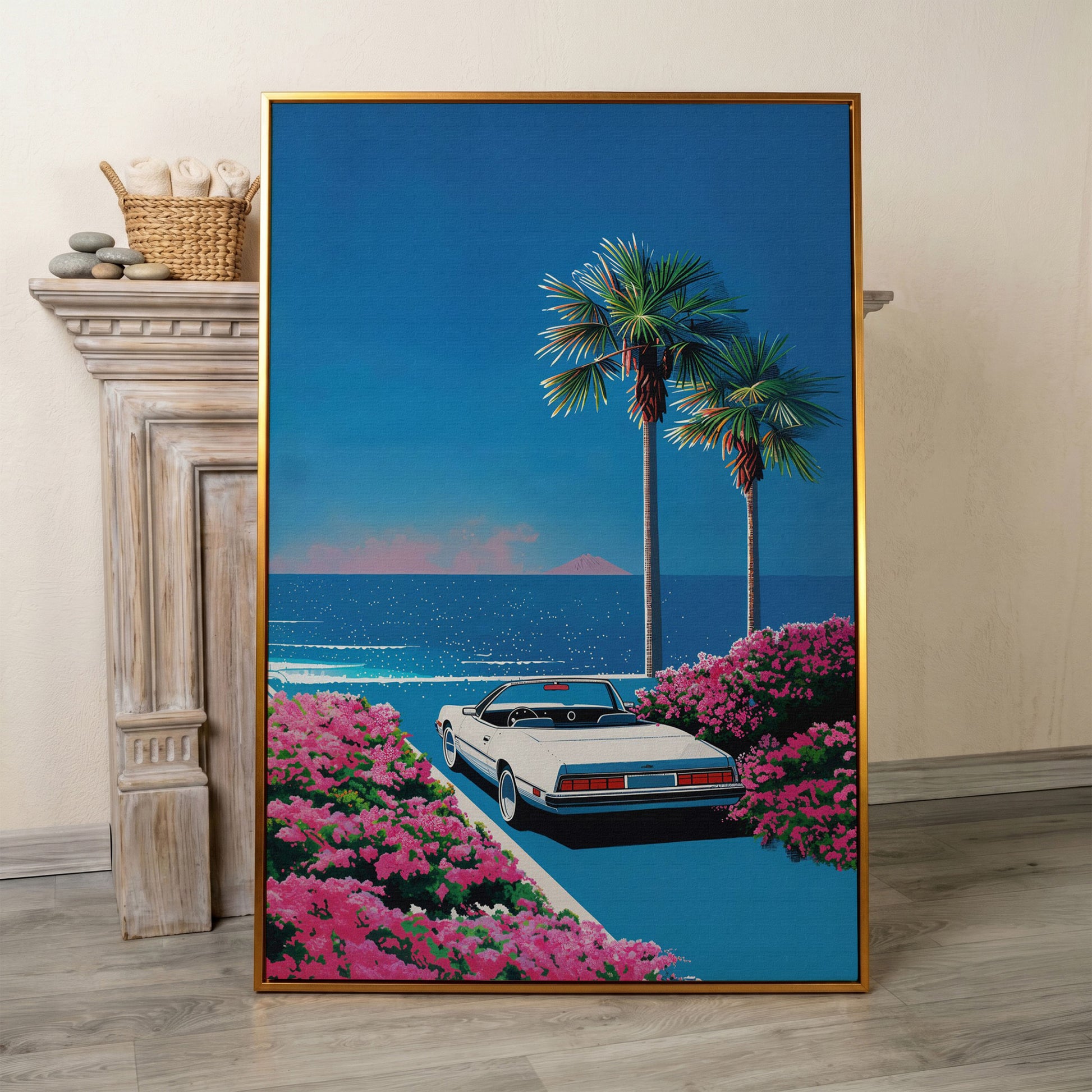 Retro Convertible Beach Canvas Print in antique gold floating frame