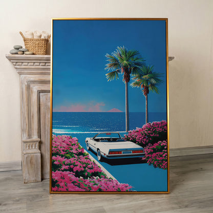Retro Convertible Beach Canvas Print in antique gold floating frame