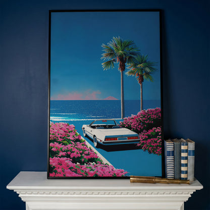 Retro Convertible Beach Canvas Print in black floating frame