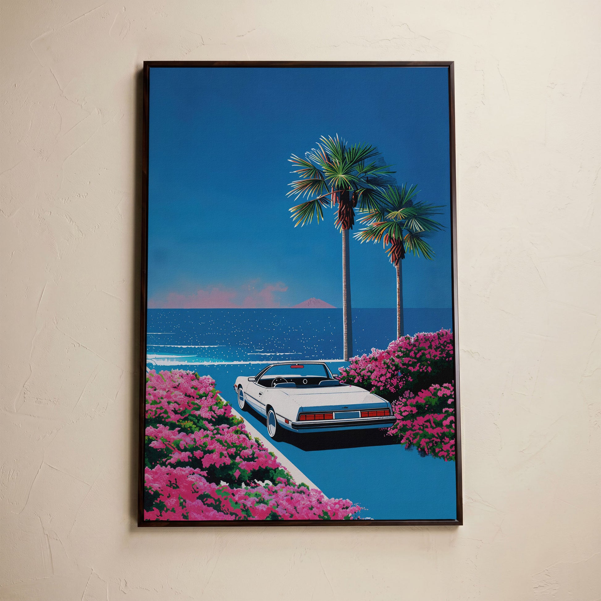 Retro Convertible Beach Canvas Print in dark walnut floating frame