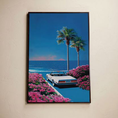 Retro Convertible Beach Canvas Print in dark walnut floating frame