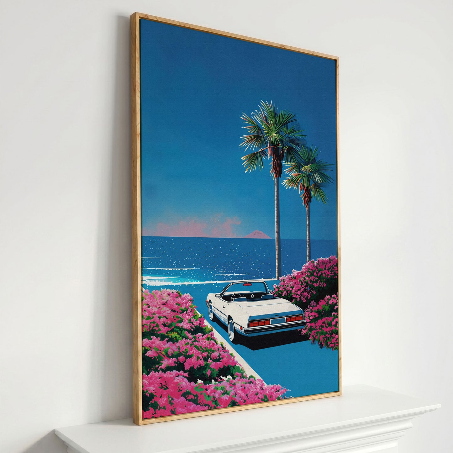 Retro Convertible Beach Canvas Print in white oak floating frame