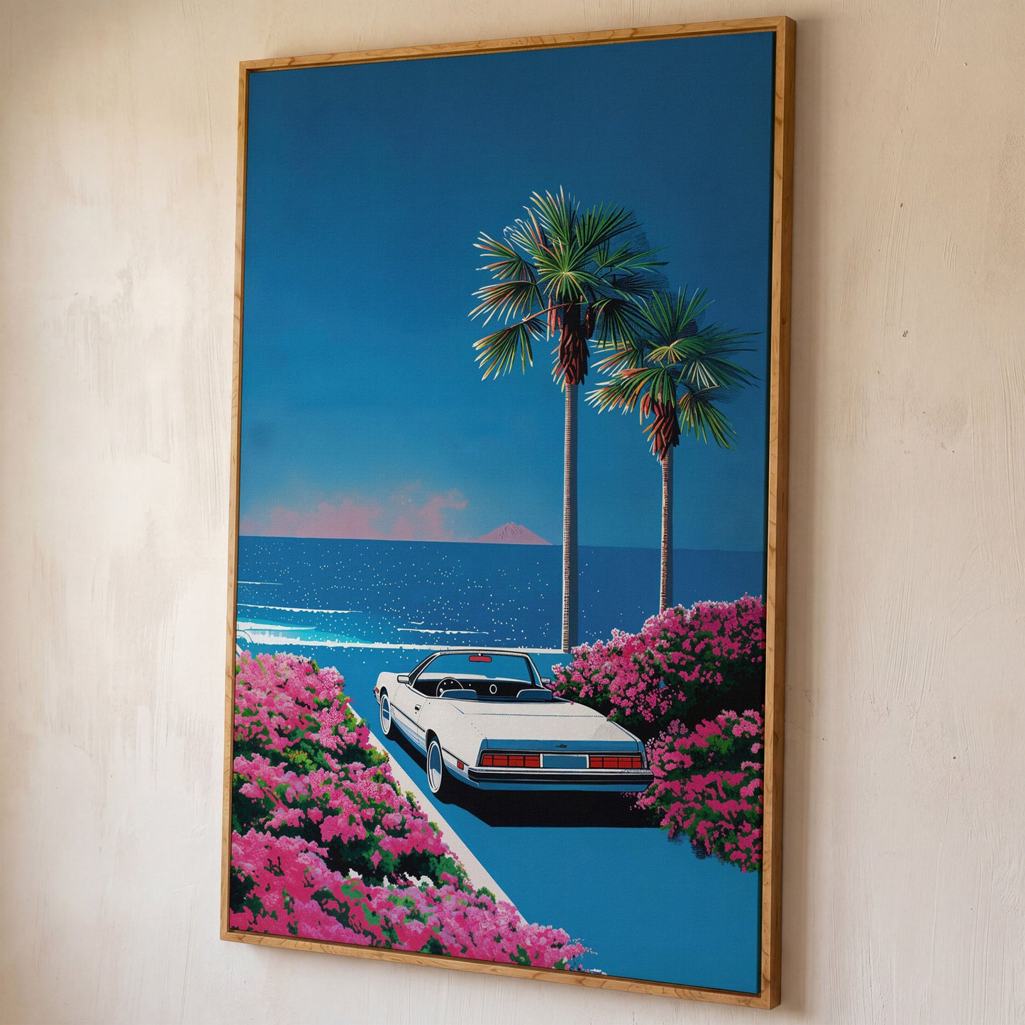 Retro Convertible Beach Canvas Print shown in white oak floating frame