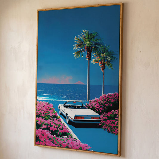 Retro Convertible Beach Canvas Print shown in white oak floating frame