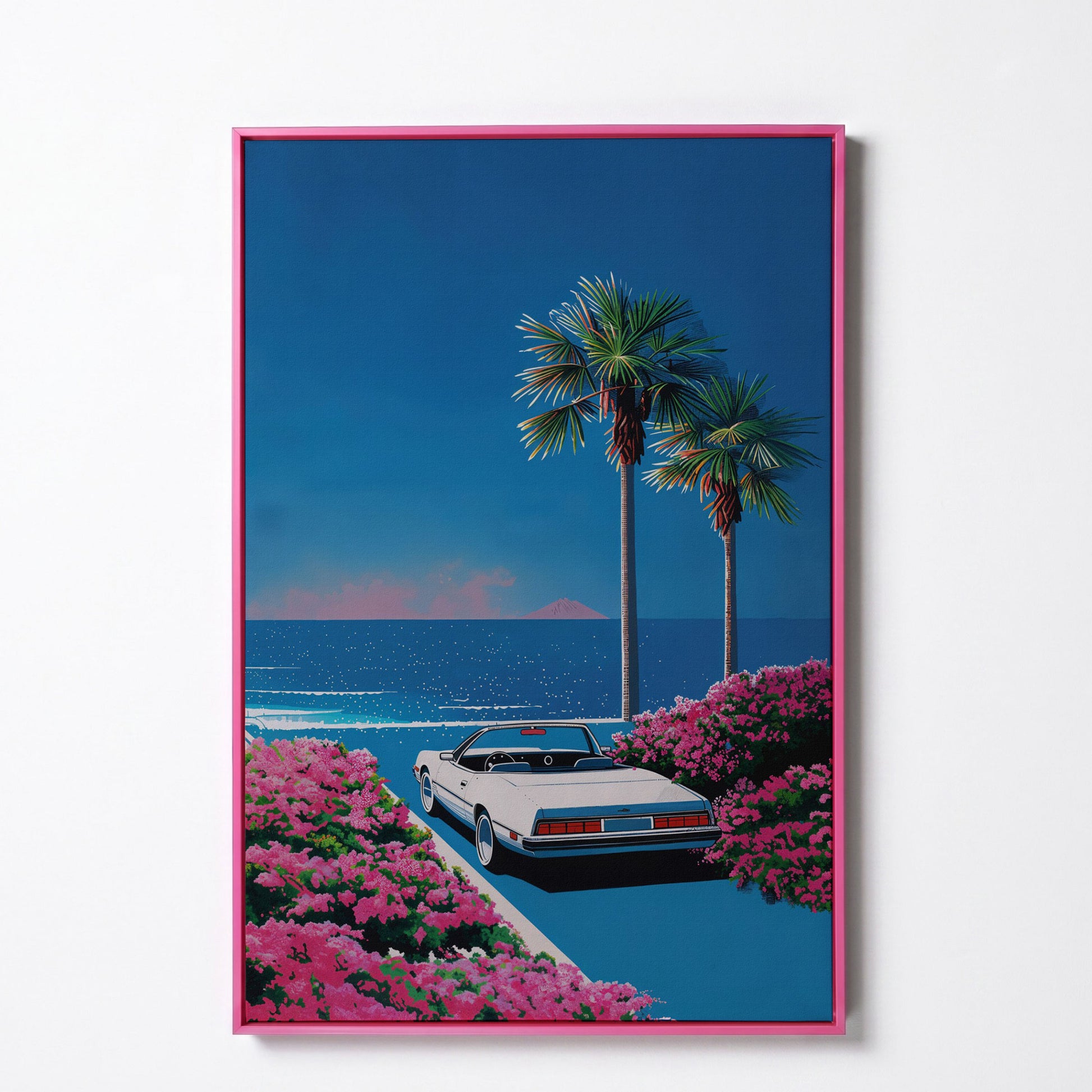 Retro Convertible Beach Canvas Print in pink floating frame