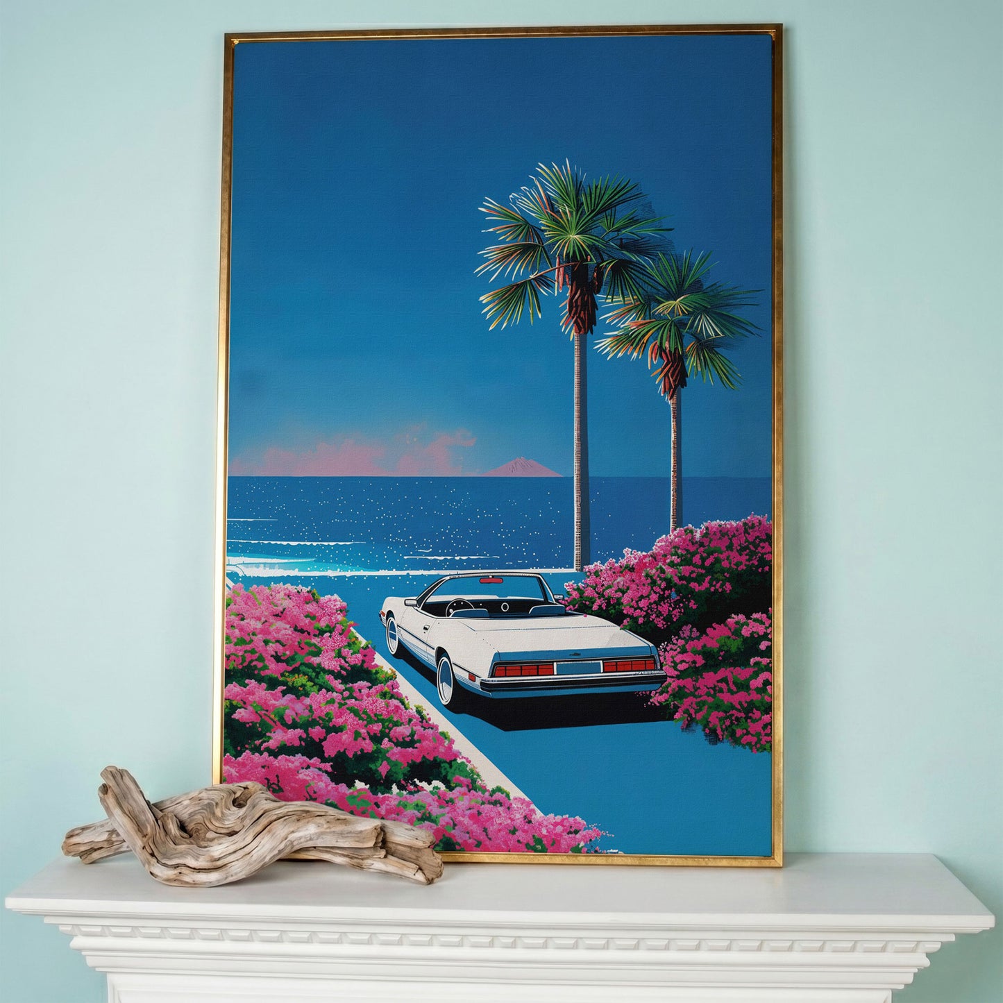 Retro Convertible Beach Canvas Print in rose gold floating frame